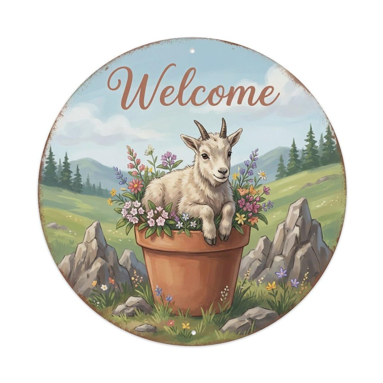 Welcome Goat Mountain Laurel Vintage Metal Tin Sign Plaque Wall Decor for Cafe, Club Bar, Office, Garden Metal Poster 8x8Inch