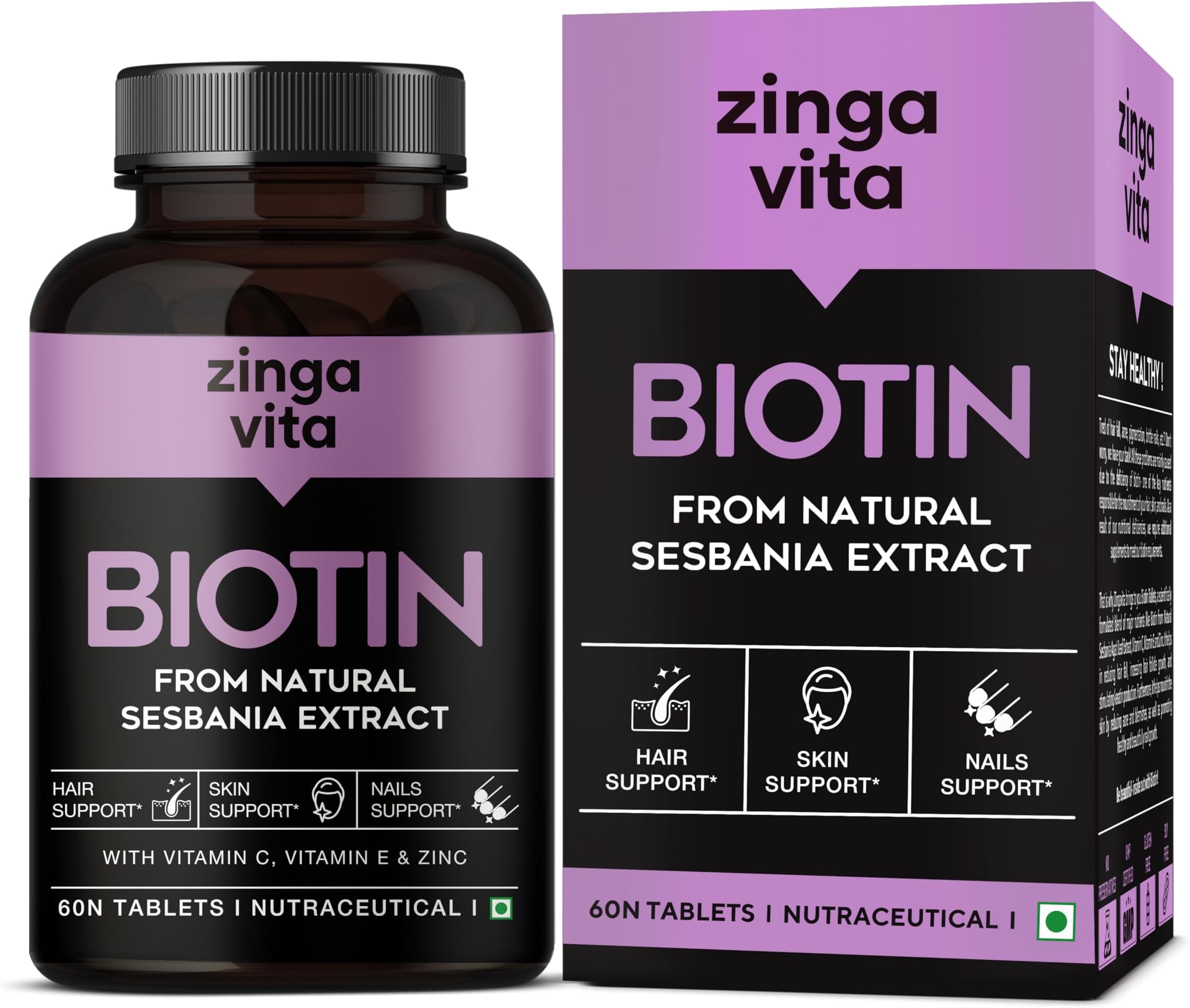 Zingavita Advanced Biotin Tablets | Boosts Keratin Production, Reduce Hair Fall and Promote Hair Growth with Natural Sesbania Agati Leaf Extract & Hair Vitamins (Biotin, Vitamin C, Vitamin E & Zinc) for Healthy Hair, Skin & Nails For Both Men & Women (60 Tablets)