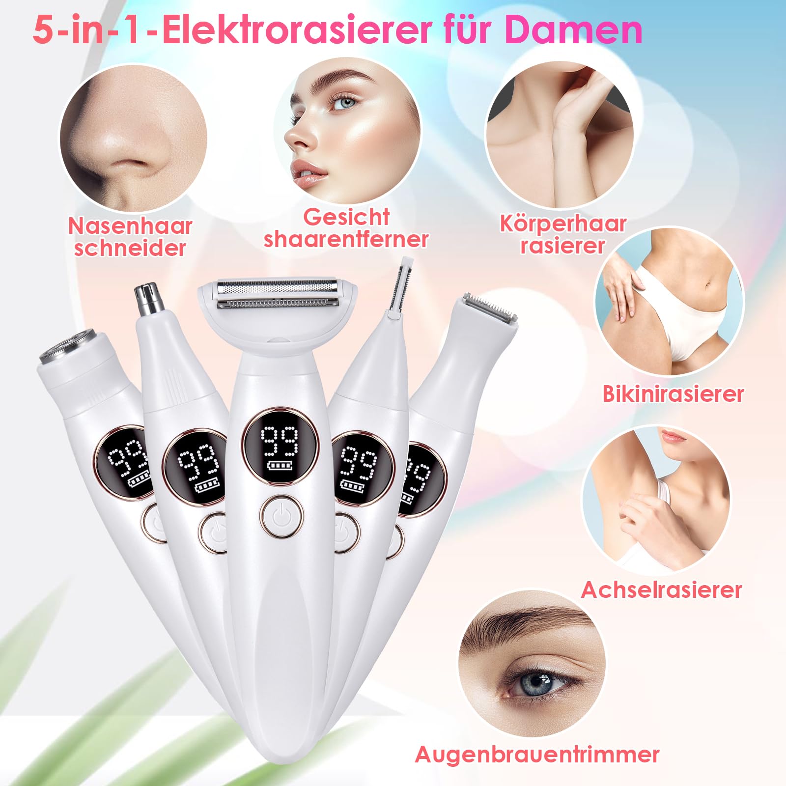 Rasierer Damen, 5-In-1 Elektrische Intimrasierer für Frauen für Bikinizone, Gesicht und Körper mit 3 Aufsätzen und Präzisionskamm, IPX7 Wasserdicht mit Reinigungsbürsten