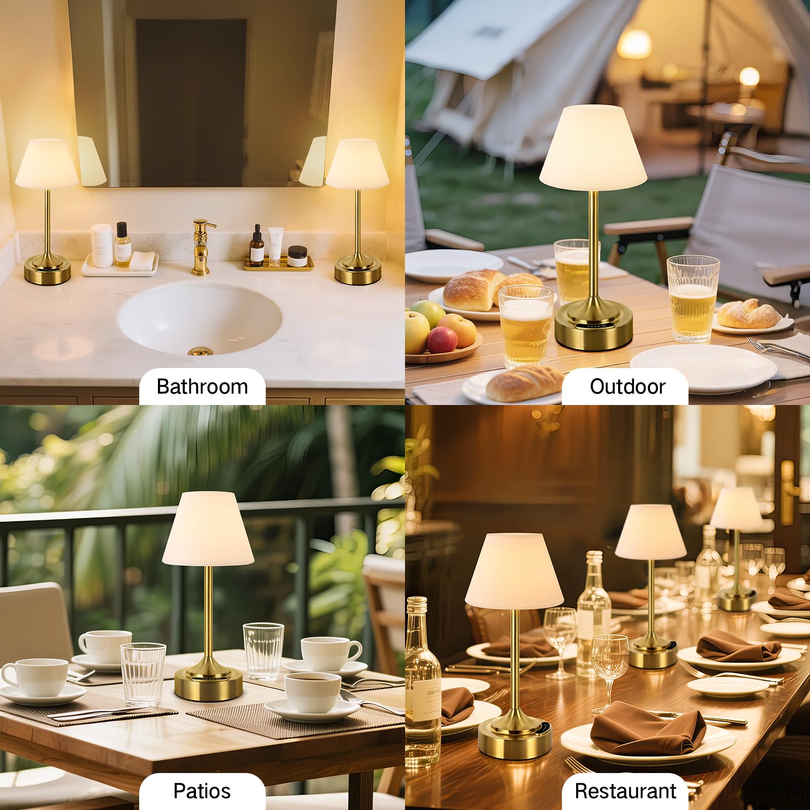 OUTON Pack 2 Lámparas de Mesa LED Sin Cable – Indicador de Batería, Regulación Táctil, USB-C, 3 Tonos (3000–6000K), IP54, Hasta 53h de Autonomía, para Dormitorio, Baño, Terraza (Oro)