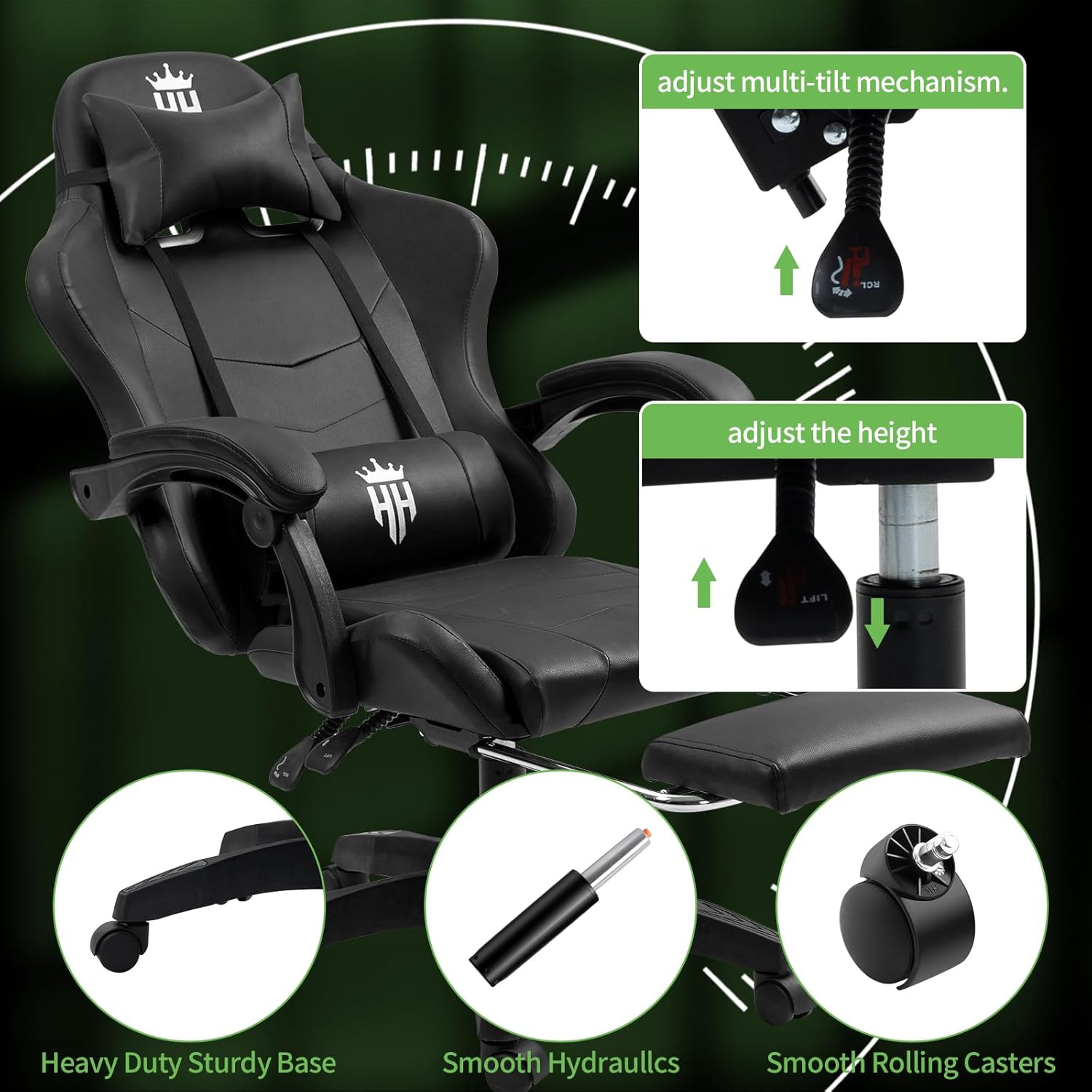 Gaming Chair with Footrest Ergonomic Computer Chair for Adult, Adjustable Headrest, Lumbar Pillow, Large Size Reclining Gaming Chair Big and Tall with Linkage Armrest for Home, Office, Gaming