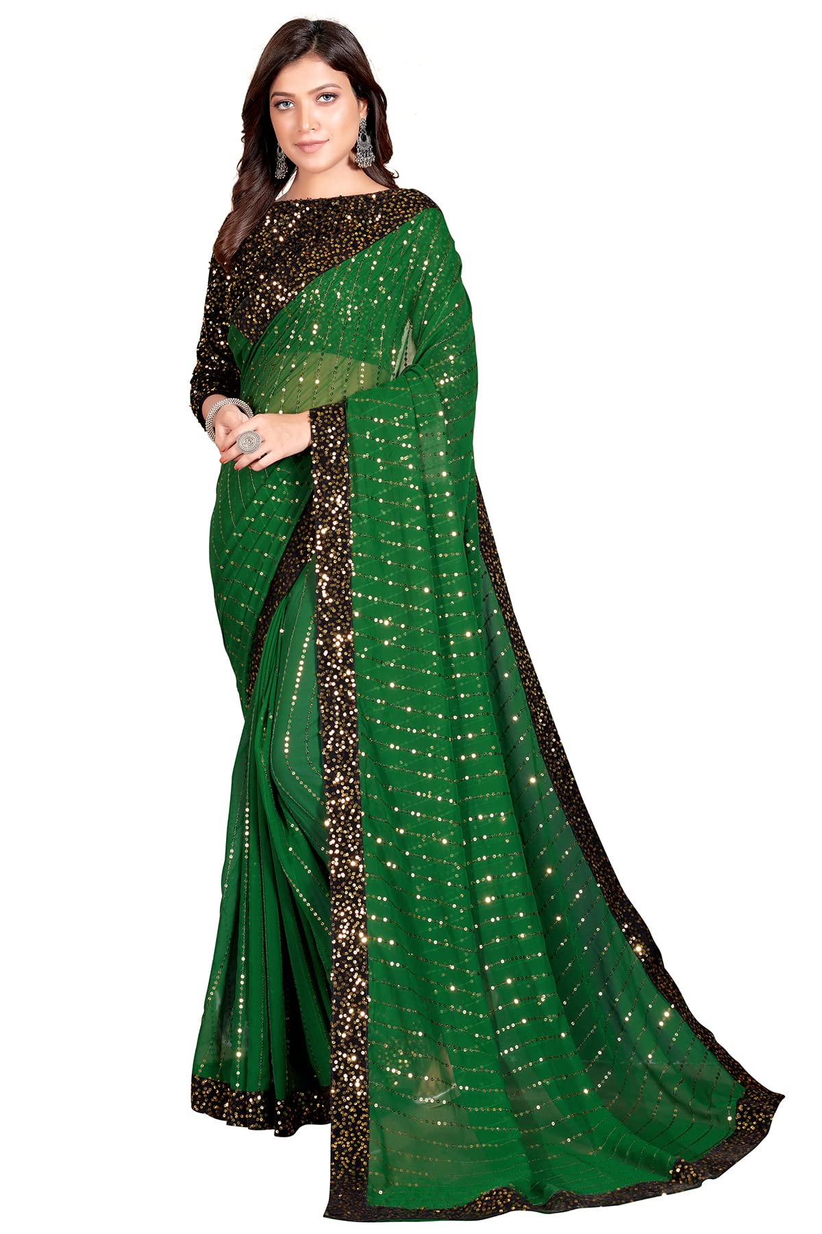 Pratham Blue Women's Sequins Georgette Fancy Saree With Blouse Piece