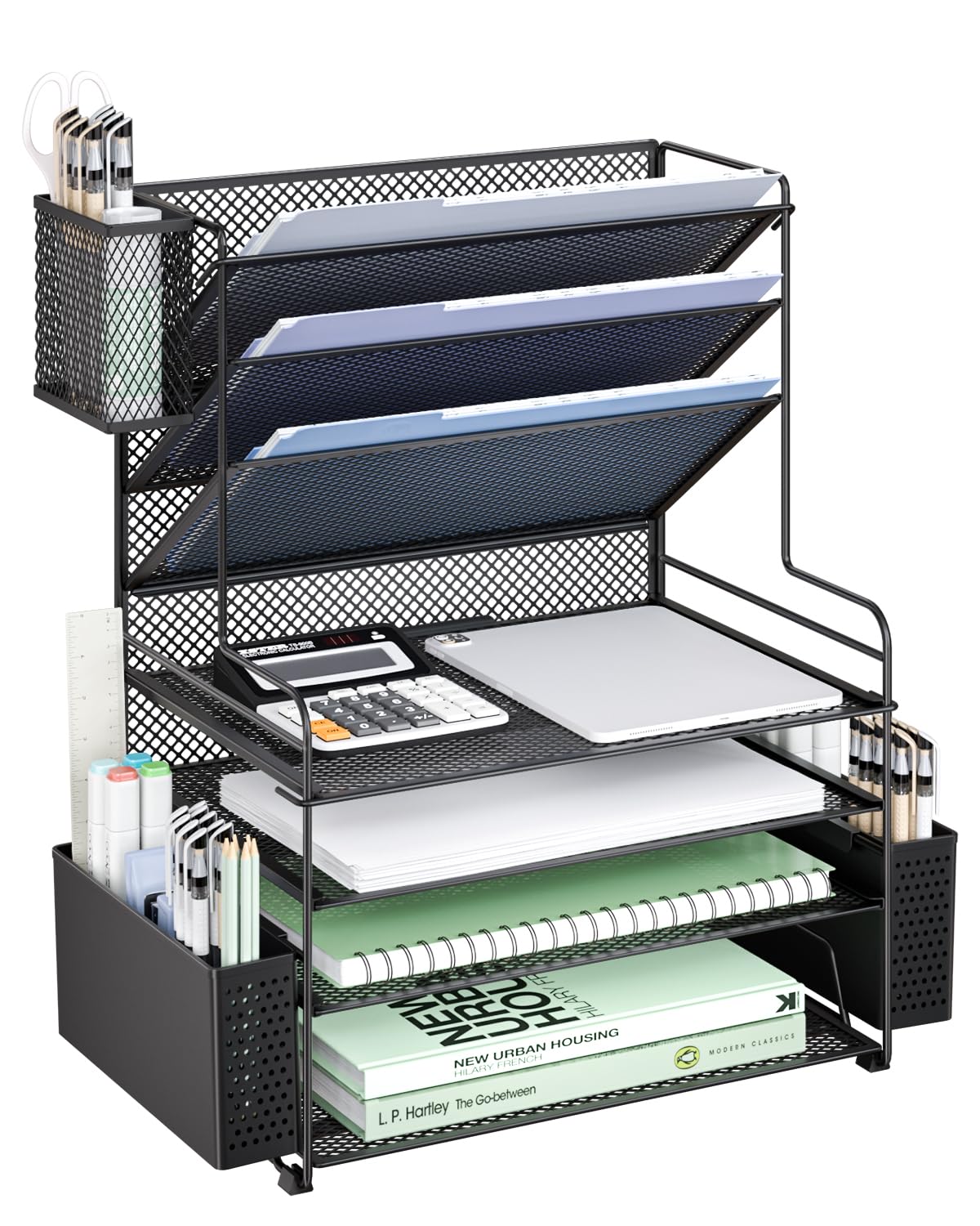 WALI Desk File Organizer, 7 Tier Desktop Paper Letter Tray Organizer with Drawer and 3 Pen Holders, Office Desk Accessories &amp; Workspace Organizers for Office, Home, School Supplies, 1 Pack, Black