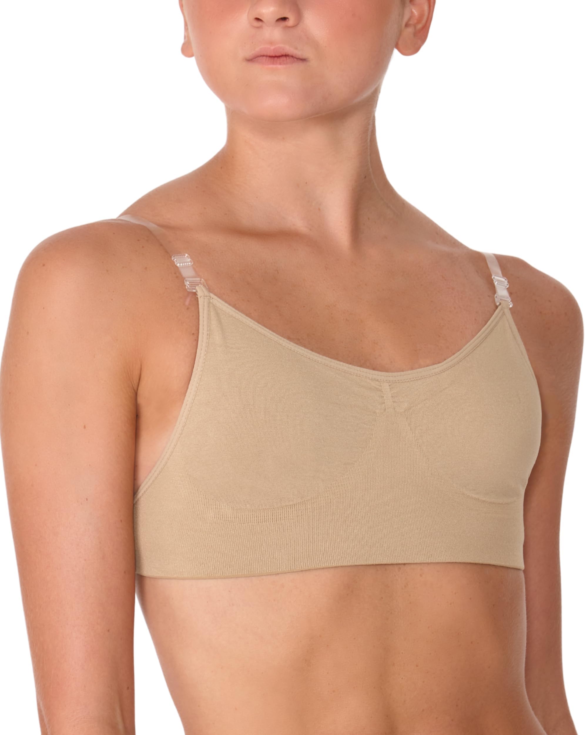 Seamless Clear Back Dance Bra, Backless Dance and Sports Bra for Women and Girls, 2 Clear Back Strap and 2 Shoulder Straps in Nude and Dark Nude