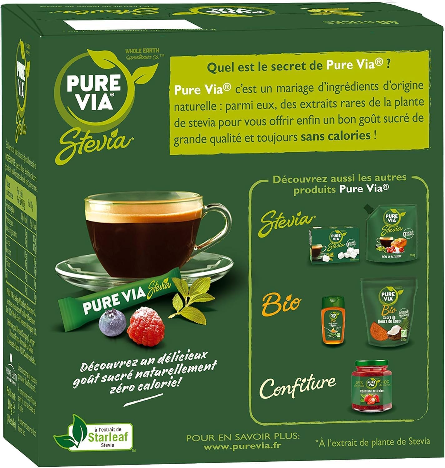 Pure Via - Stevia Edulcorante Natural, Sin Azúcar, 0 Calorías, Pack de 12
