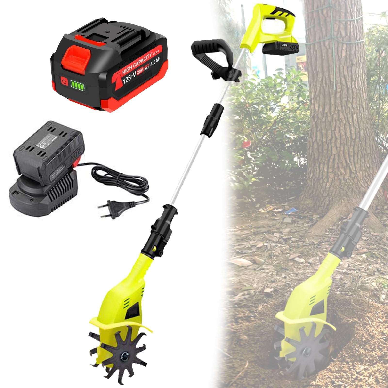 Motoazada eléctrica para jardín, cultivadora inalámbrica, rotovator y motocultor con batería de Litio de 2 × 4000 mAh para césped/jardinería/Cultivo de Suelo(A)