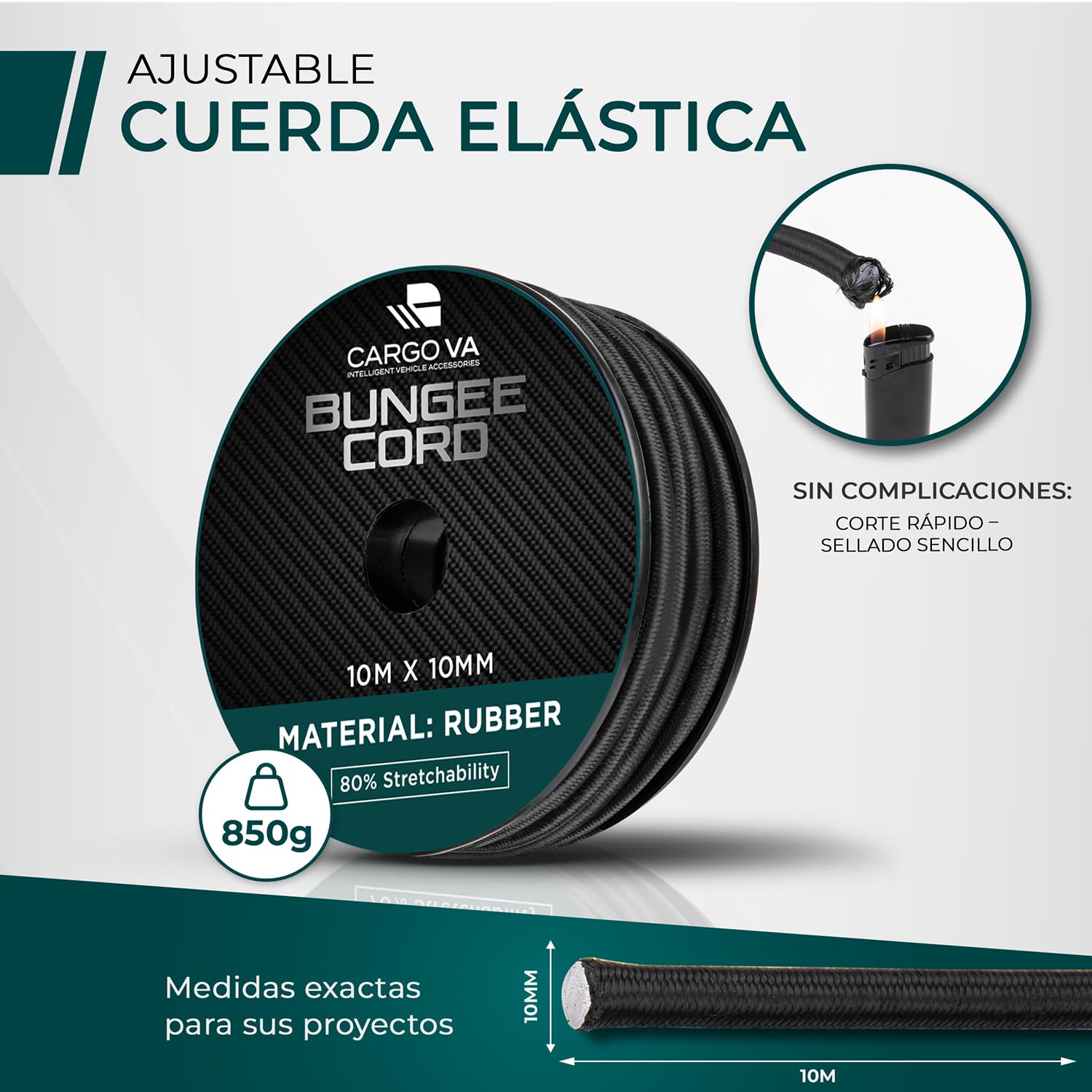 CargoVA - Cuerda elástica 10mm 10m Negra - Cuerda expansora 80% Elasticidad - Cuerda Resistente a la Intemperie para remolques, toldos, Lonas y más