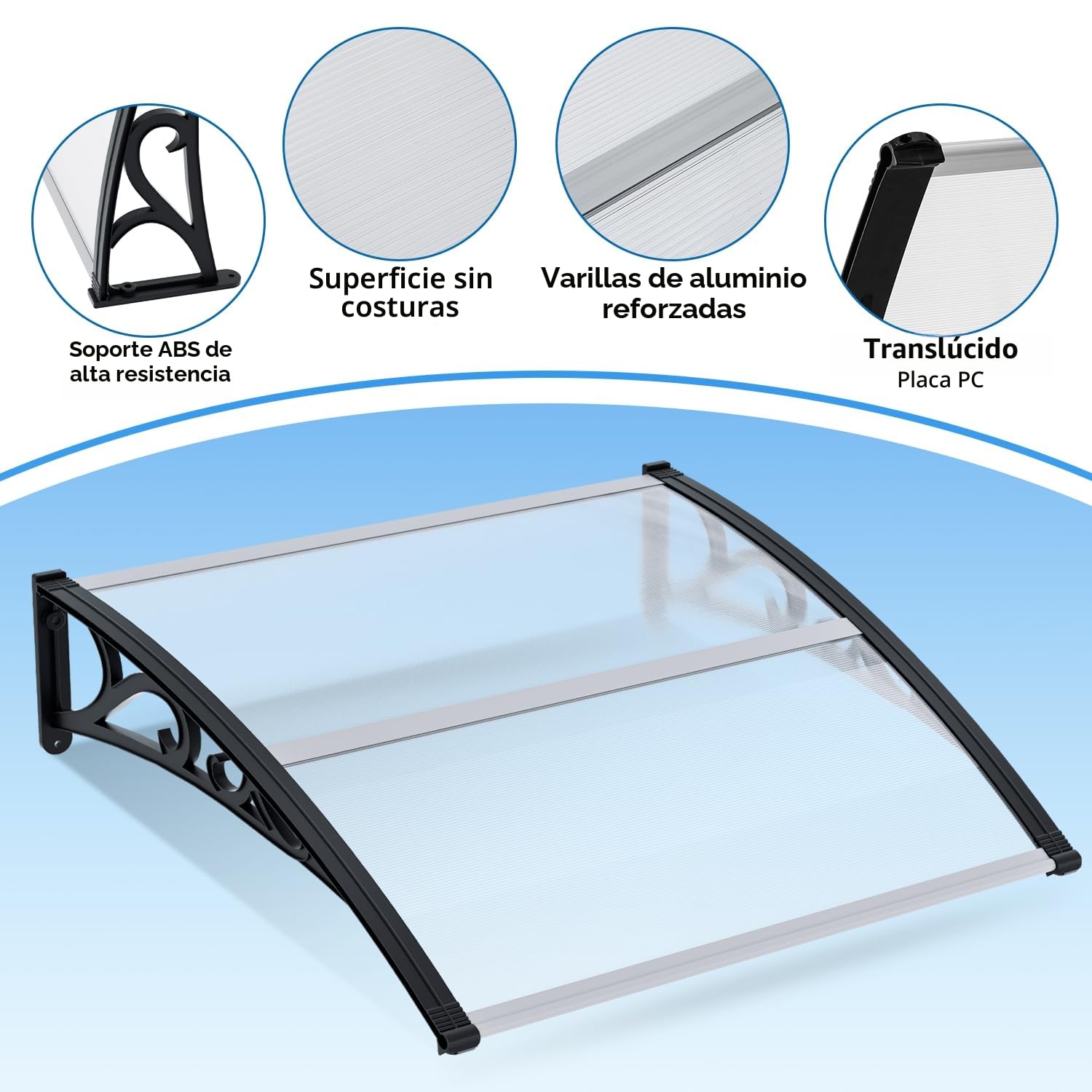 Sonnewelt Marquesina para Puerta de Entrada 100x120 cm, Techo de Policarbonato Hueco 5 mm con Estructura de ABS, Arco Transparente Inclinado, Protección Exterior contra la Lluvia y el Sol