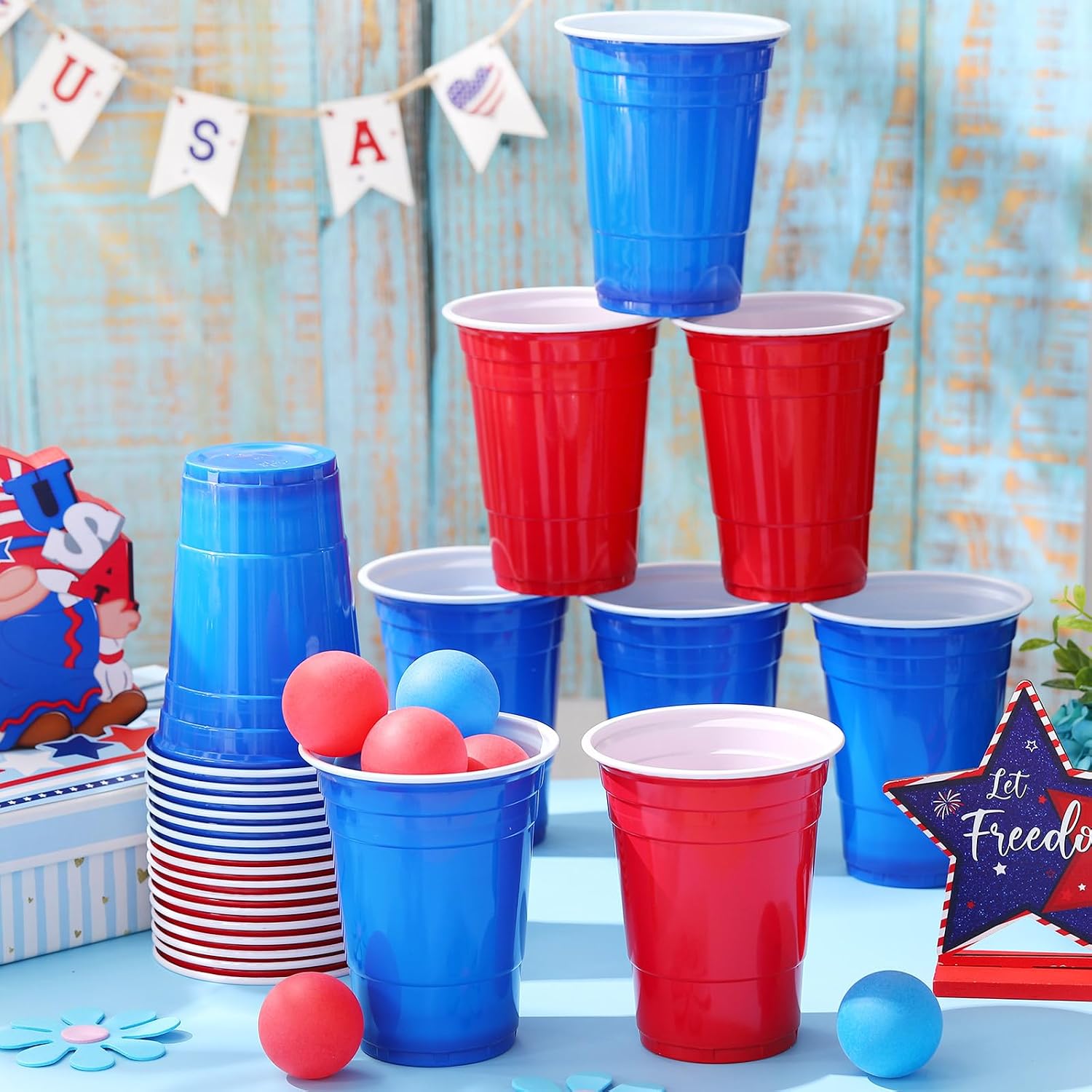 Seenelling 32 Pcs 4th of July Games Set, 24 Pcs 16oz Red White Blue Patriotic Plastic Cup 8 Ball, Independence Day 250th Anniversary Veterans Labor Day Party Decor Toss Game Supplies