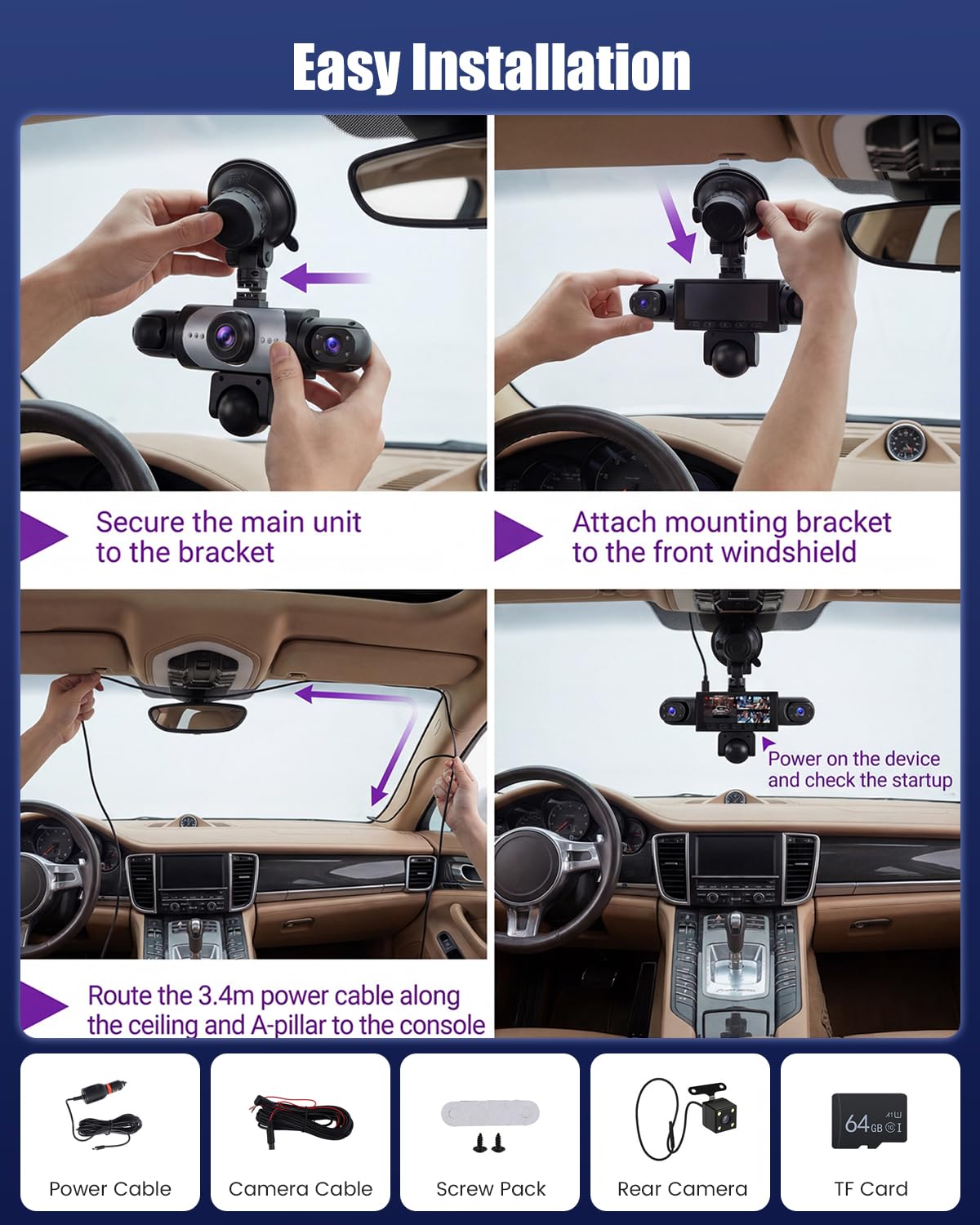 Dashcam Auto a 5 Canali Anteriore e Posteriore 1080P, Dashcam Auto con Scheda SD da 64 GB, Schermo IPS da 3,16", Grandangolo, Visione Notturna, con Registrazione in Loop