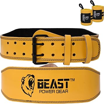 Weight Lifting Belt - 4 Genuine Leather Belts Padded Lower Back Support for Gym Bodybuilding Squat Deadlift Weightlifting Cross Strength Training Men Women Free Wrist Wrap