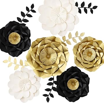 KEY SPRING 3D Paper Flower Decorations, Giant Paper Flowers, Handcrafted Paper Flowers Gold, Black, White Set of 6 for Wedding, Graduation Decor, Bridal Shower, Birthday Party, New Years Eve