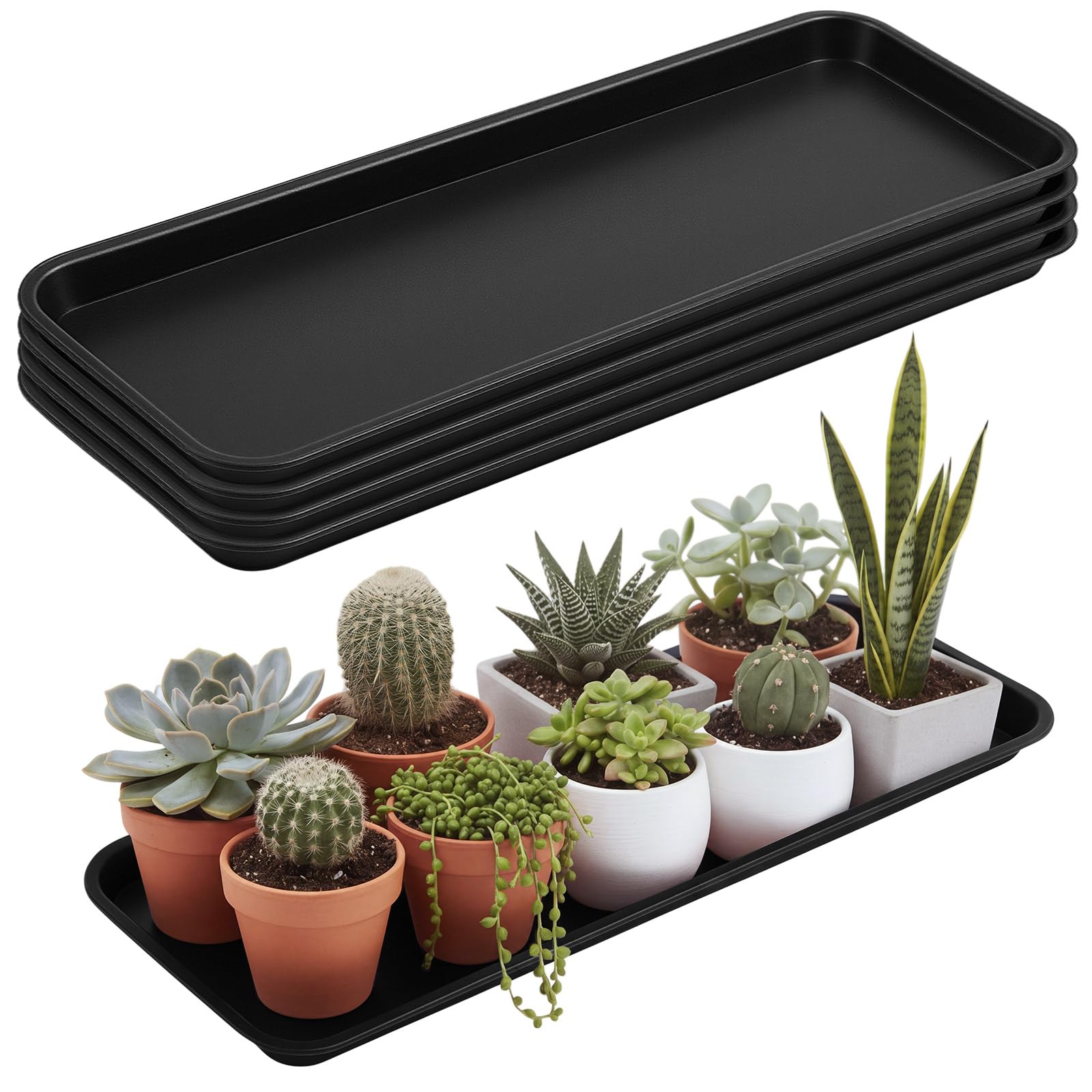 Cinnvoice Blumentropfschalen aus Kunststoff, rechteckig, für Entwässerung, Keimung, Garten, Innen- und Außenbereich, Schwarz, 4 Stück (58,2 x 20,3 x 2,2 cm)