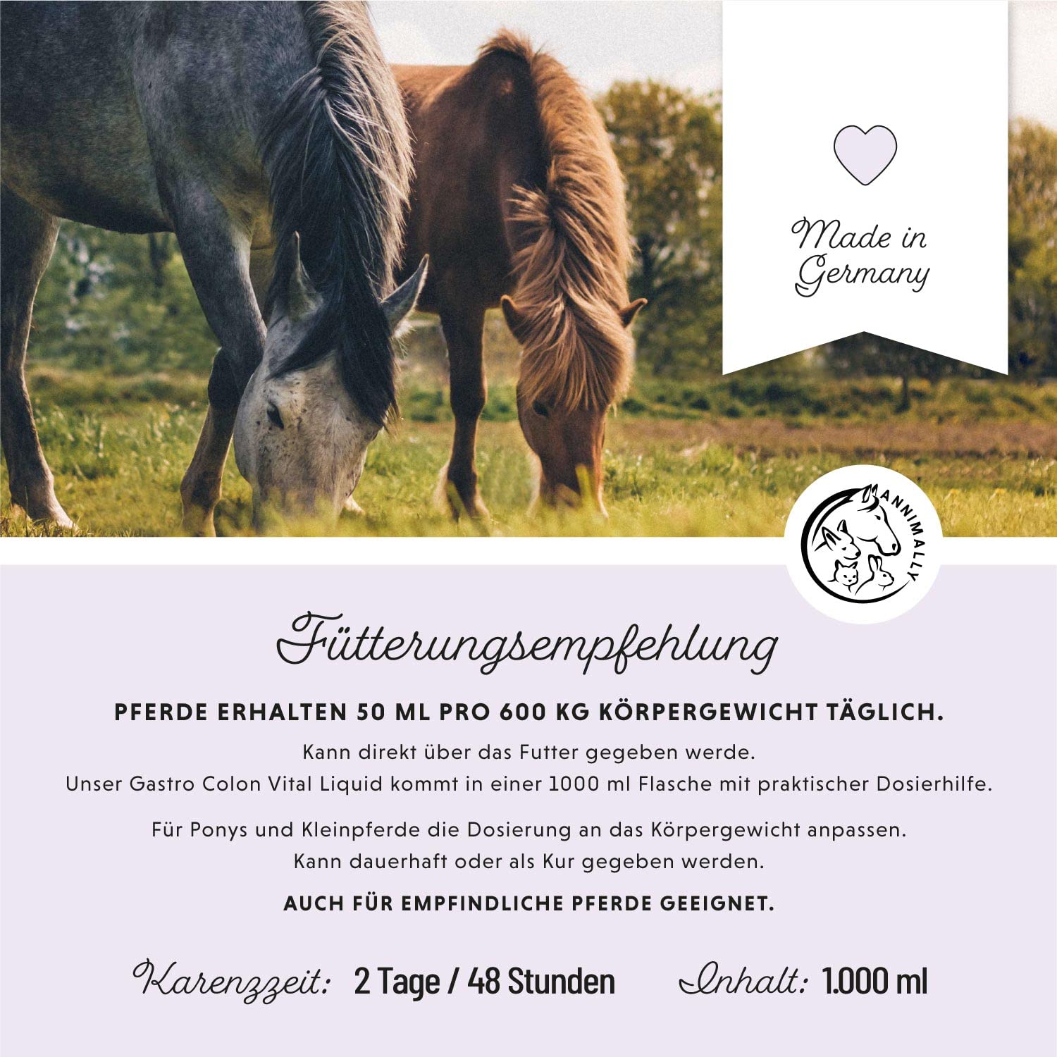 Annimally Magen Darm Liquid Pferd 1000ml - Gastro Colon Vital zur Unterstützung der Verdauung zum Beispiel bei Kotwasser - Natürliche Magen Kräuter für Pferde