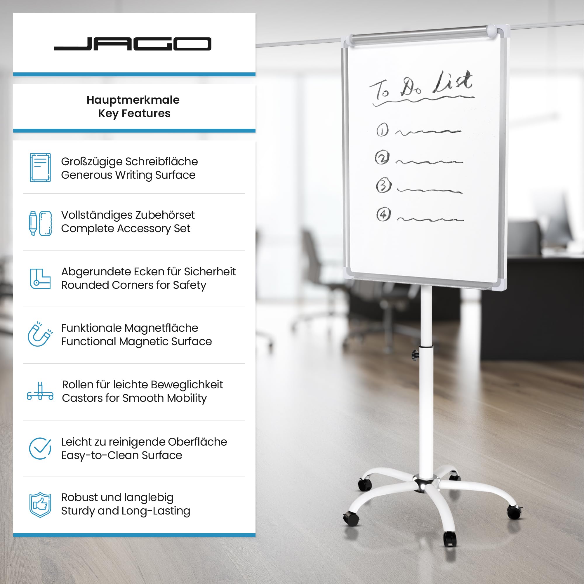 Jago® Lavagna a Fogli Mobili - con Ruote, 60 x 90 cm, Altezza Regolabile, 2 Bracci Estensibili, con Pennarelli, Magneti, Spugna - Lavagna Portablocco, Flipchart, Bacheca Magnetica