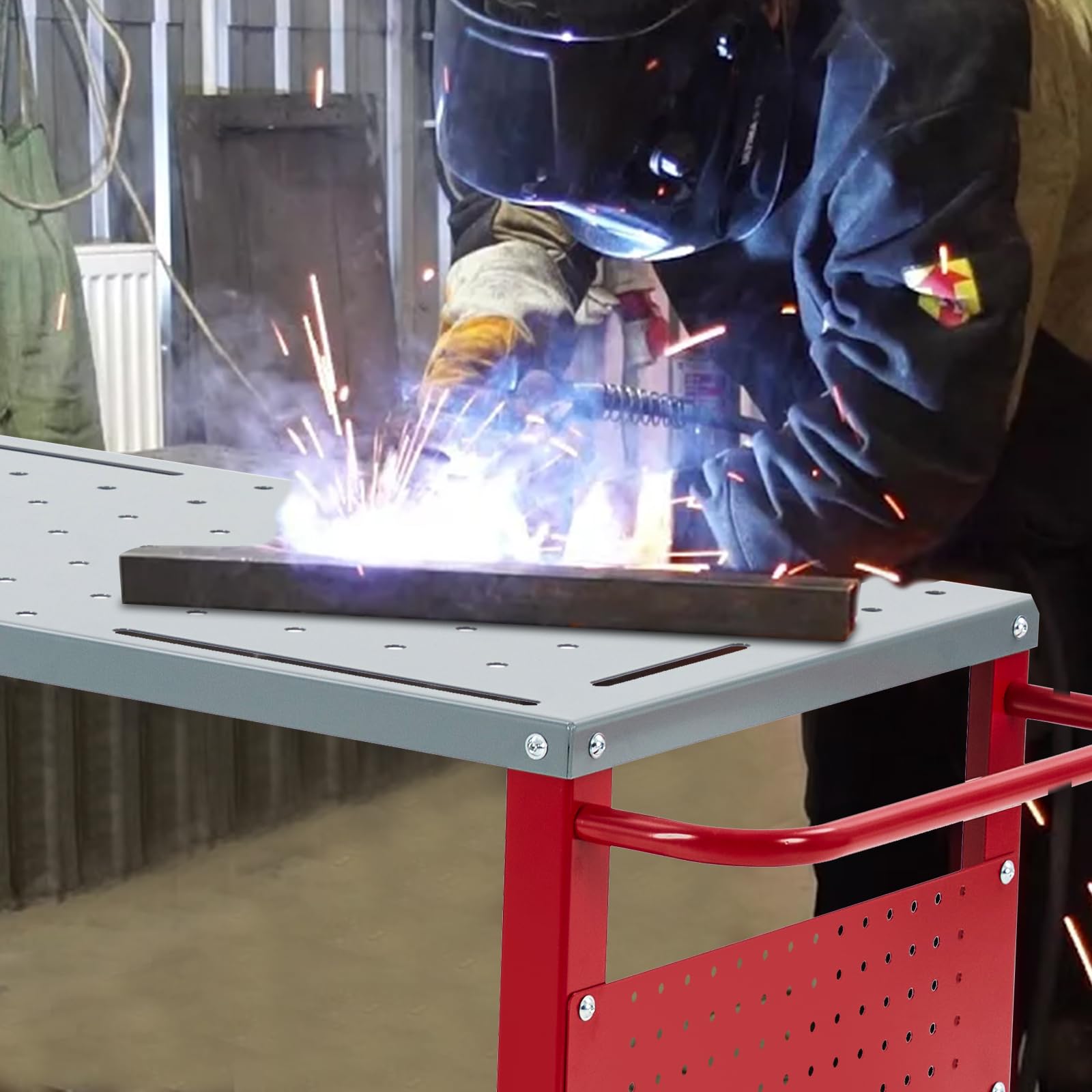 Garvee Mesa de soldadura de 91 x 46 cm, banco de trabajo portátil de acero de 36 x 18 pulgadas, capacidad de 544 kg, banco de trabajo de metal con 4 ruedas bloqueables, bandeja de herramientas, 8
