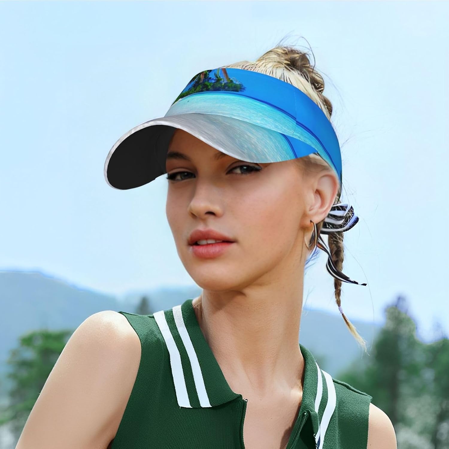 Tropical White Sand Beach and Ocean Print Foldable Sun Visor Hat Lightweight Adjustable Sun Visor Hat Outdoor Sports Cap for Adults