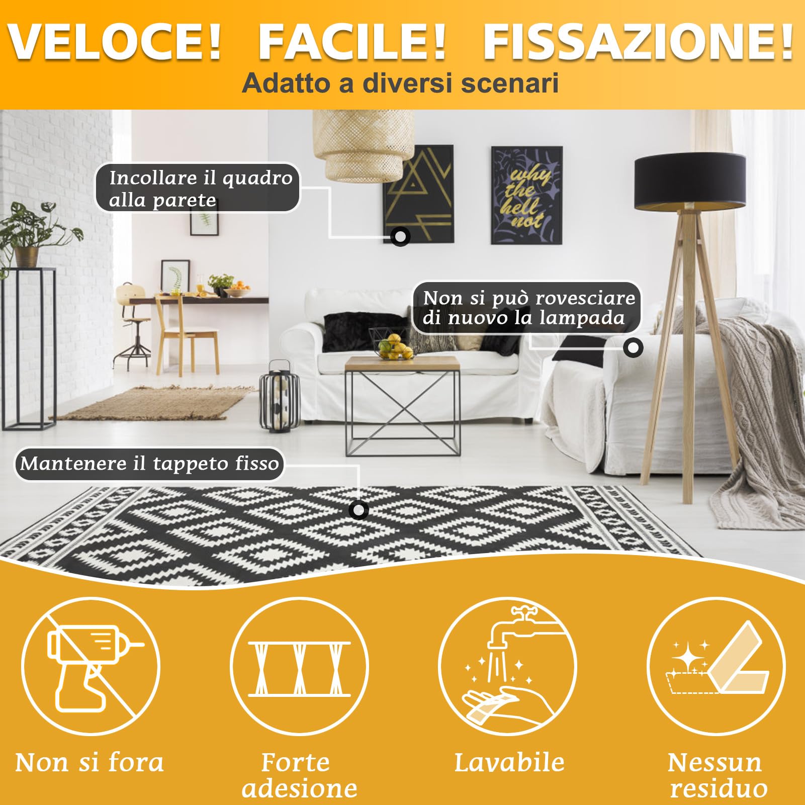 Nastro Biadesivo Extra Forte, Multifunzione Adesivo non Lascia Tracce Riutilizzabile e Lavabile, Per Foto Tappeti e Oggetti (3 metri x 3cm x 2mm)