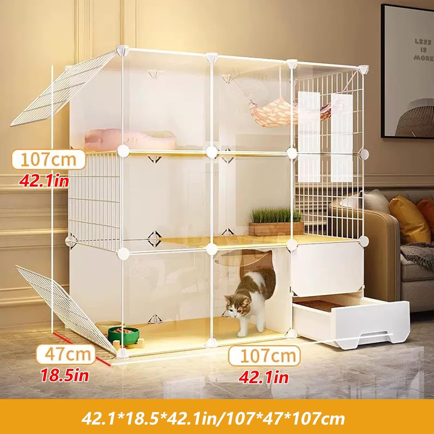 Large with Enclosed Litter Box, Cat Playpen for Outside, Cat Kennel Pet Playpen Enclosure for Cats, Detachable Metal Wire Kennels Ideal for 2-5 Cats(42.1x18.5x42.1in/107x47x107cm)
