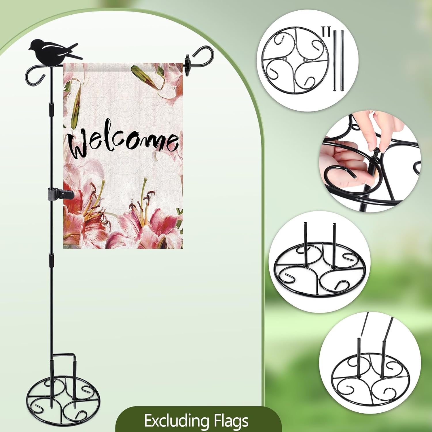 MorningRo Garden Flag Stand Garden Flag Pole Holder with Stand Base with Tiger Clip for Spring Holiday Outdoor Decoration