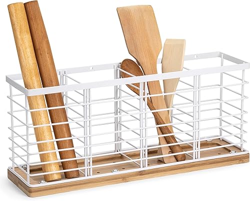 Lonian Soporte grande para utensilios de cocina con base de bambú, 4 compartimentos, organizador de utensilios de cocina de metal para encimera de