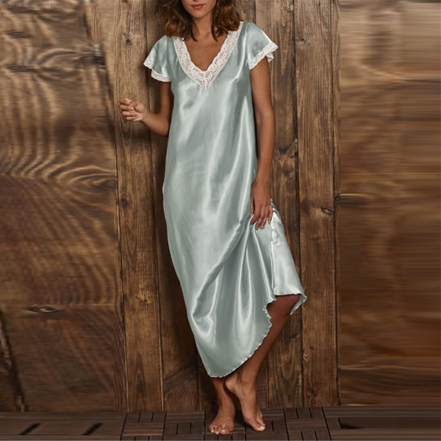 FunAloe Elegant Short Sleeve,Ladies Nightdresses,Night Dress Women UK,Nighties Elderly Women,Satin Nightdress,Summer Maxi Dresses Women UK,Sexy Lingerie,Nightwear Sexy,Lace Nightgown, A46 Green, 5XL 3 71MM 9od3YL. AC SL1500