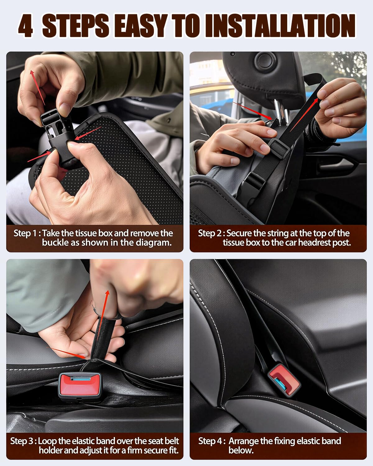 Organizador de asiento de coche – Soporte de pañuelos de tamaño completo, se adapta a pañuelos de 200 unidades, instalación estable, montaje lateral con 3 bolsillos de malla, piel sintética