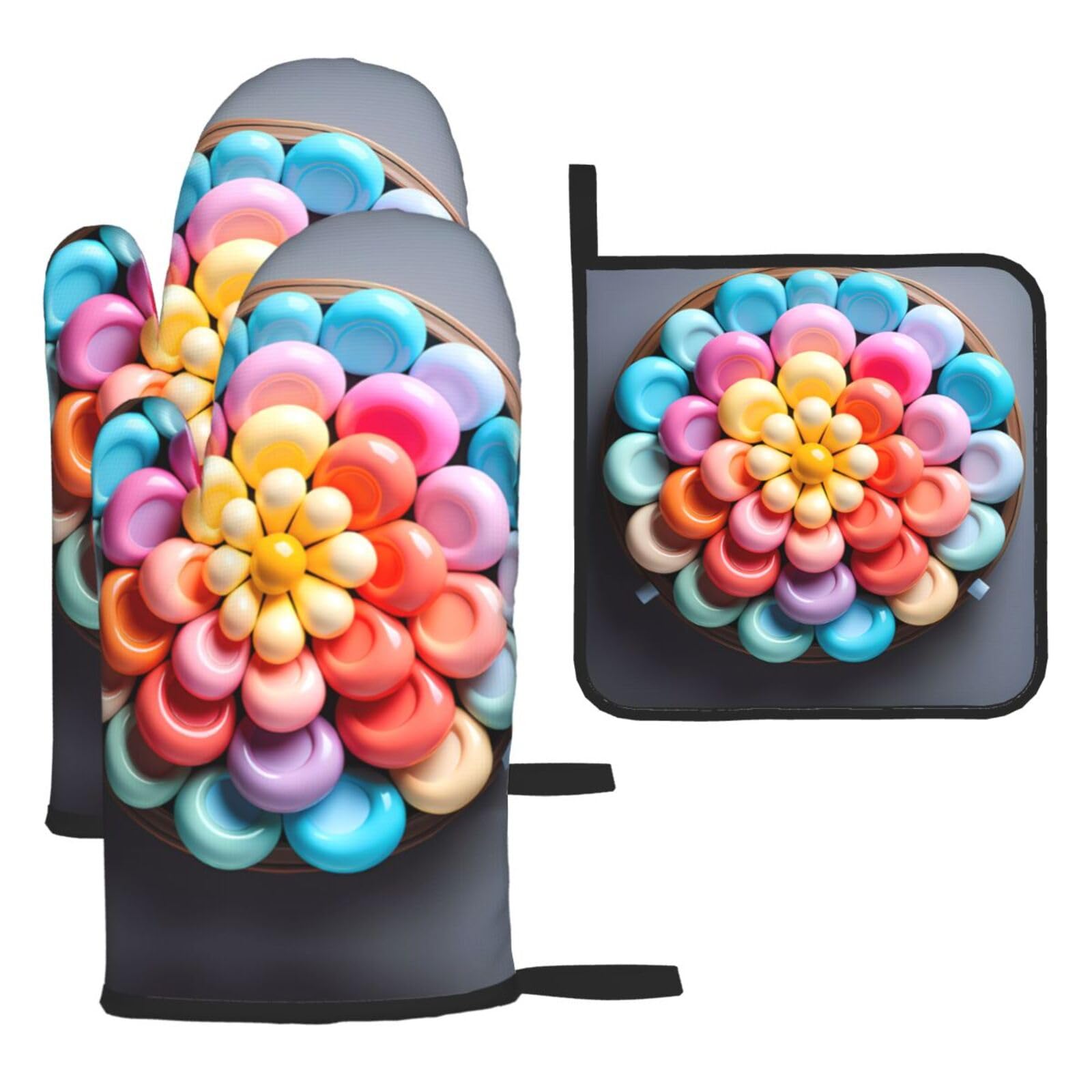 Colorful Candy Oven mittens and oven mitts three-piece set suitable for oven, grilling, baking, microwave and home cooking.