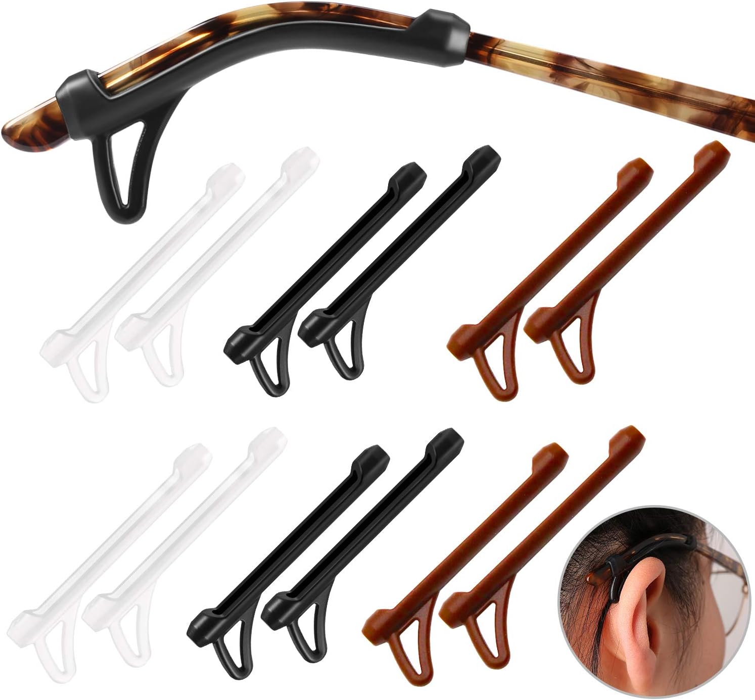 SMARTTOPEyegl Ear Grips Sleeve-Upgrade anti-slip Silicone Eyegl Temple Tips Sleeve Retainer-Sleeve with Hook design-Soft and comfort Gl Ear hooks 6Pairs (WHITE+BLACK+BROWN)
