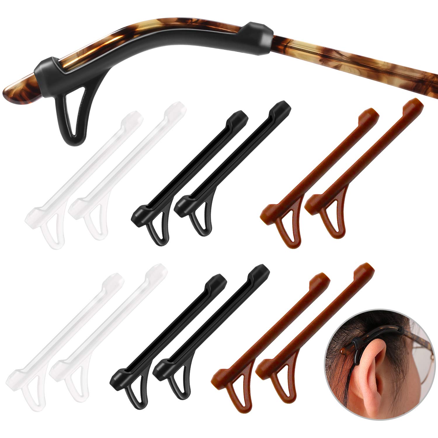 SMARTTOPEyegl Ear Grips Sleeve-Upgrade anti-slip Silicone Eyegl Temple Tips Sleeve Retainer-Sleeve with Hook design-Soft and comfort Gl Ear hooks 6Pairs (WHITE+BLACK+BROWN)