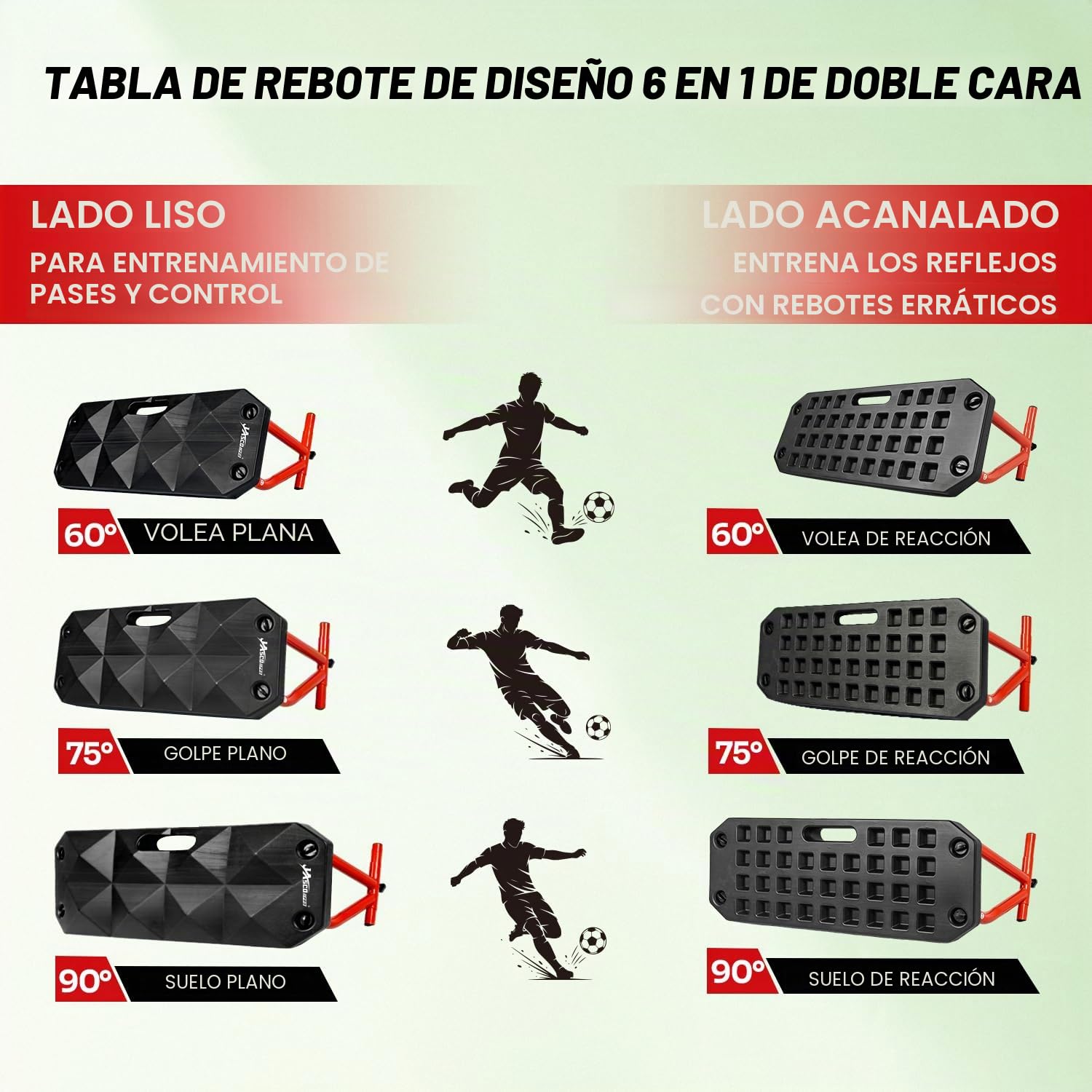 JASCOPRO Tabla de rebote de fútbol, reboteador portátil de doble superficie con ángulo ajustable (60°-120°), equipo de entrenamiento de fútbol con 6 modos de rebote para control, práctica de pase con