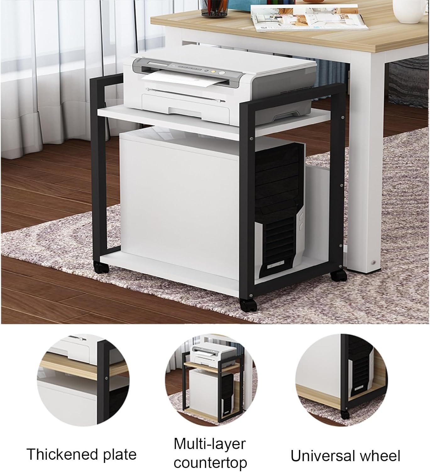 XPLKQXE Computer Tower Stand, 2-Tier Mobile Computer Host Rack, CPU Holder Cart with Rolling Caster Wheels, Printer Storage Trolly Shelf for Home Office (Color : Black+Black, Size : 50x30x65cm)