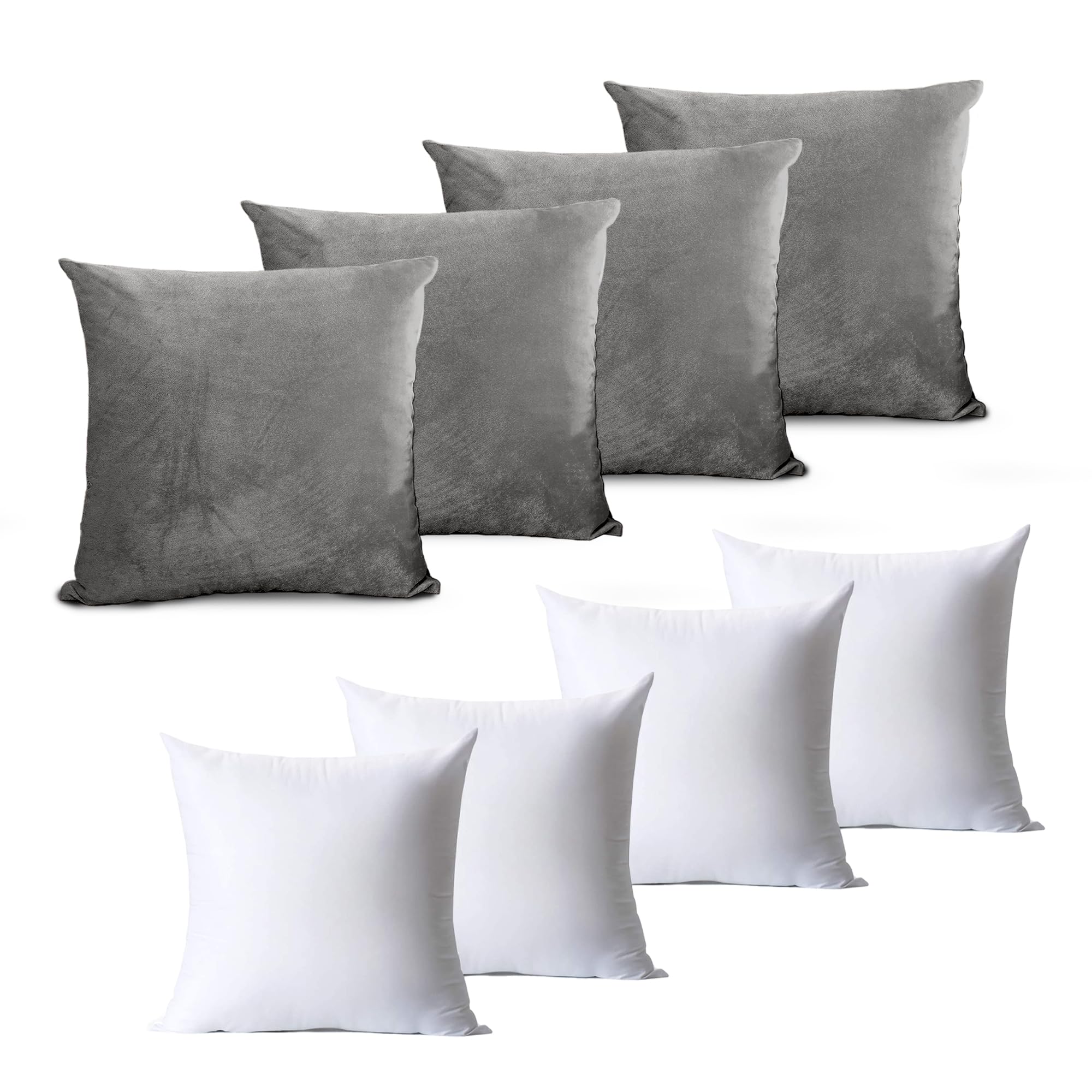 Hafaa Velvet Cushions with Covers Included Set of 8 (4 Grey Cushion Covers 45 x 45, 4 Cushion Inserts) Luxury Decorative Fluffy Square Throw Pillow Case Sofa Cushion with Invisible Zipper