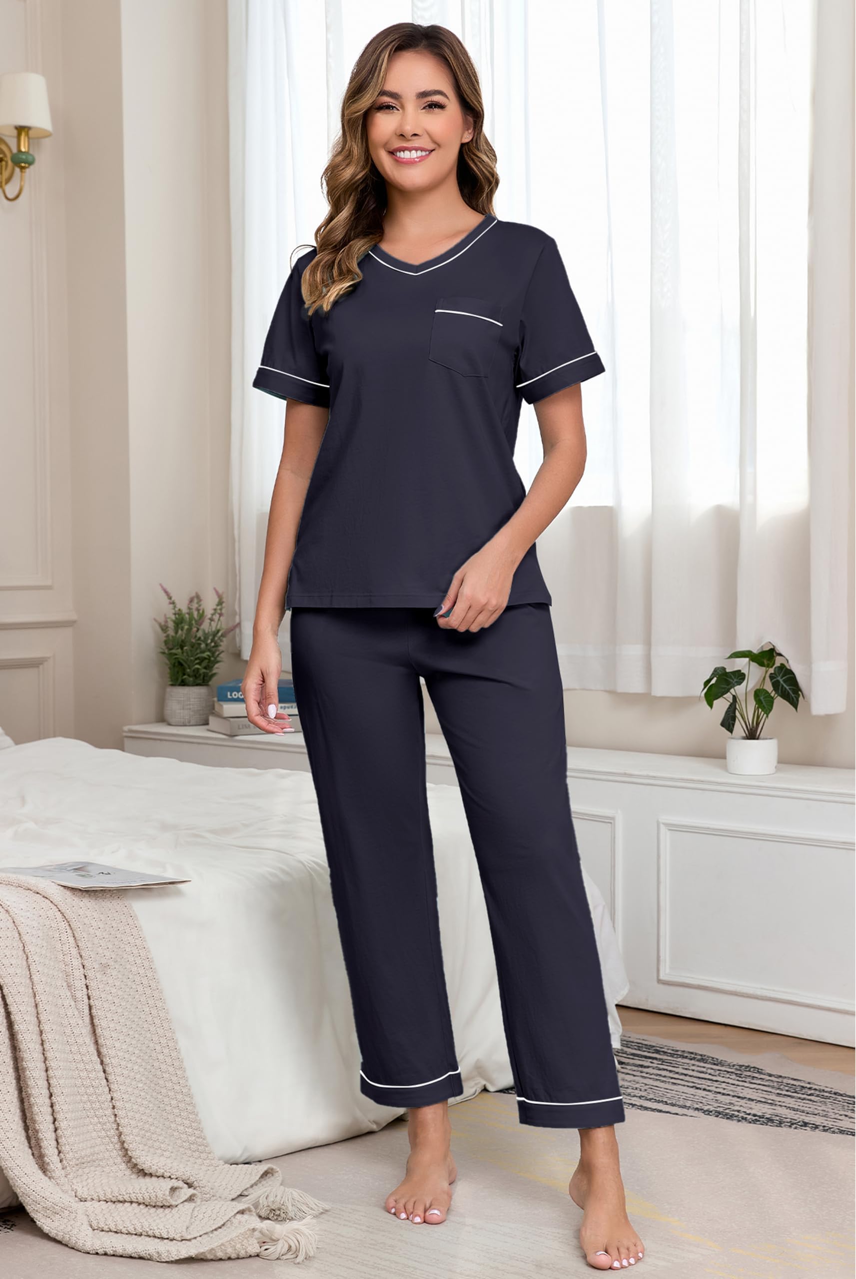 ANLIQI 100% Baumwolle Damen Schlafanzug Set Sommer leicht Kurzarm V-Ausschnitt Freizeit Schlafanzug mit Hose