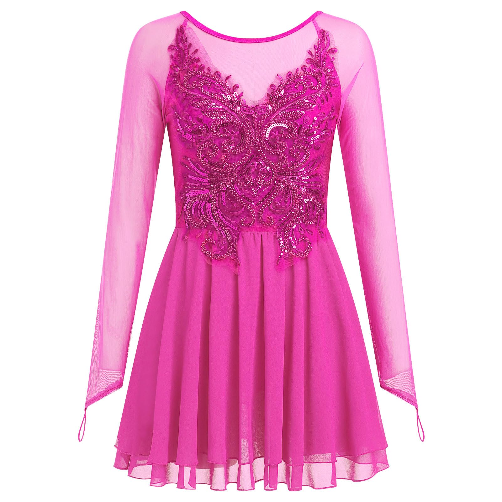 AFAVOM Women's Figure Ice Skating Dress Shiny Rhinestones Ballet Dance Dress Long Sleeve Competition Lyrical Chiffon Dress