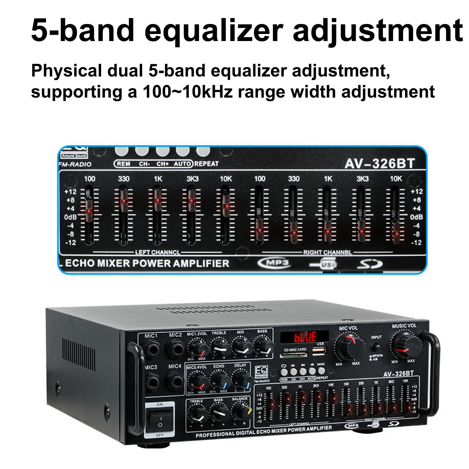 Amplificatore Audio Stereo, Ricevitore Equalizzatore con Telecomando e USB e 4 ingressi Microfono, Doppia Regolazione Equalizzatore a 5 Bande, per Home Theater, Audio per Auto, Karaoke, Feste