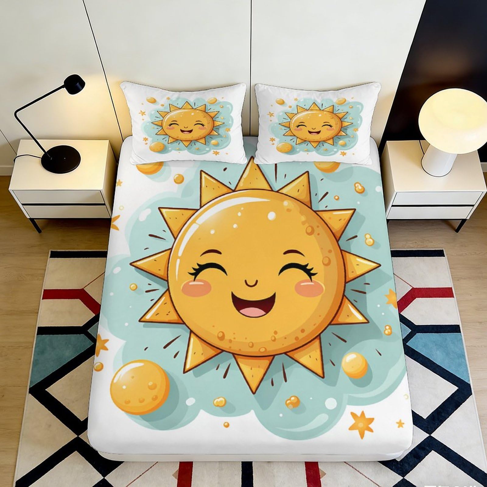Dhbaneiok Style-1 3D Printed Cartoon Sun Fitted Sheet Microfiber Soft Yellow Smiling Face Bed Cover For Bedroom Dorm Bed Protection Decor 90X200x25cm