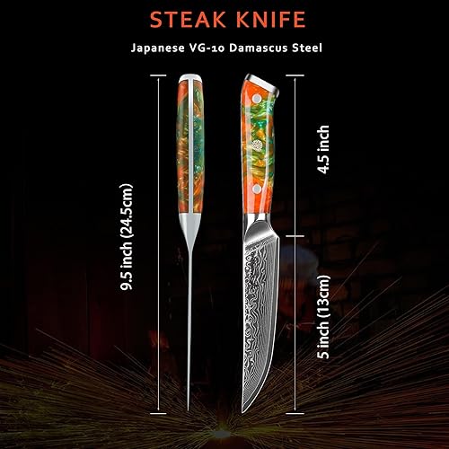 Miniatura 4 de Xuan - Juego de 4 cuchillos para carne, ultra afilados, no dentados, de 5 pulgadas, mango de acero de damasco y resina, serie Xuan (naranja fantasía)