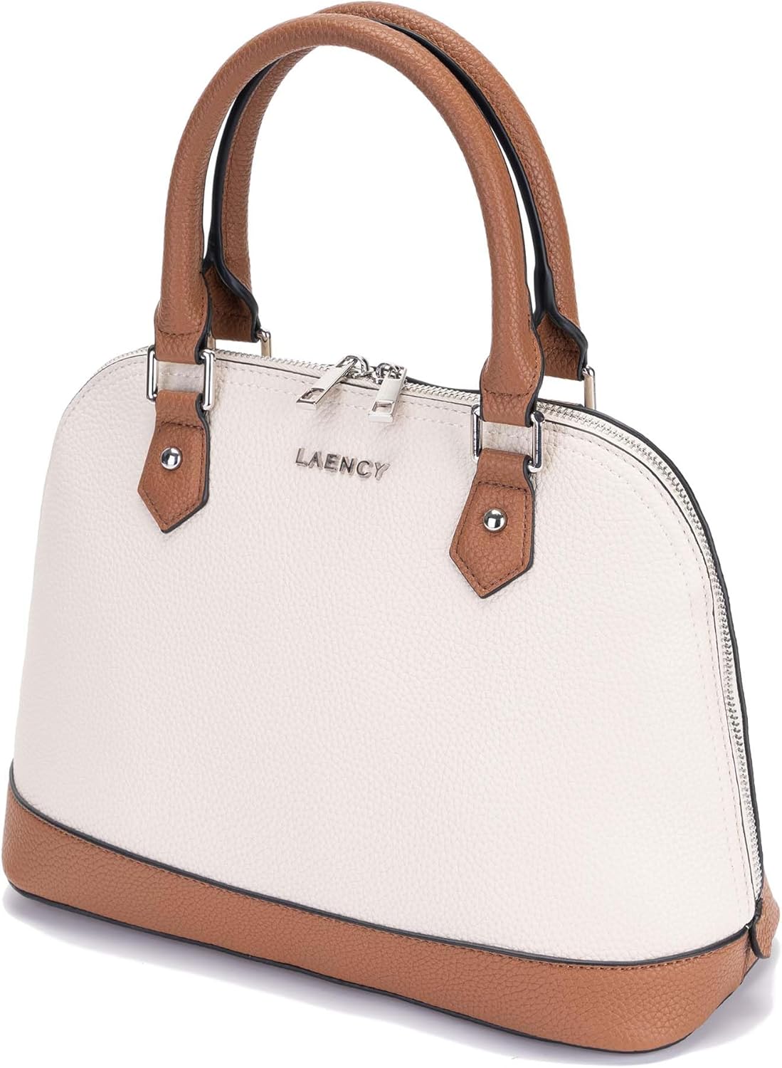 LAENCYC Women's Handbag Elegant Shell Bag with Double Zipper and Bottom Rivets, Beige and Brown Color Block Design for Work and Casual Use - Image 3