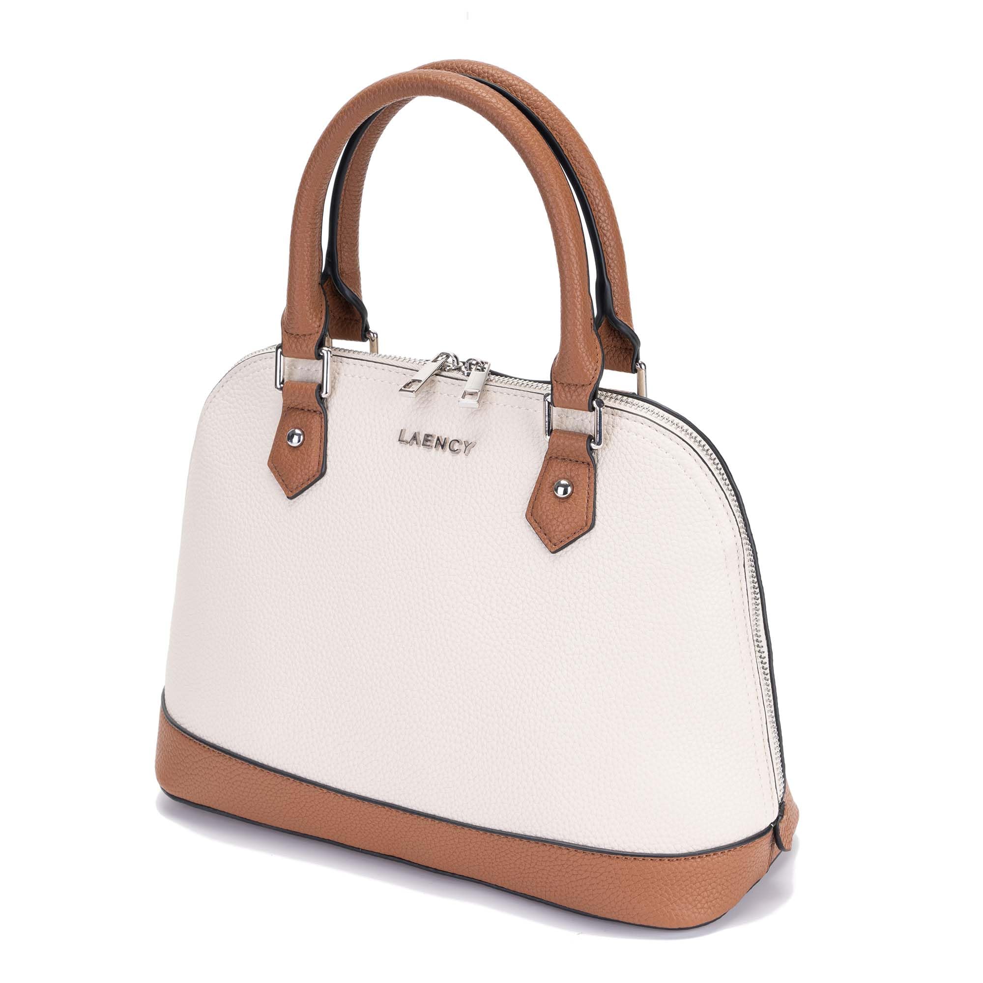 LAENCYC Women's Handbag Elegant Shell Bag with Double Zipper and Bottom Rivets, Beige and Brown Color Block Design for Work and Casual Use