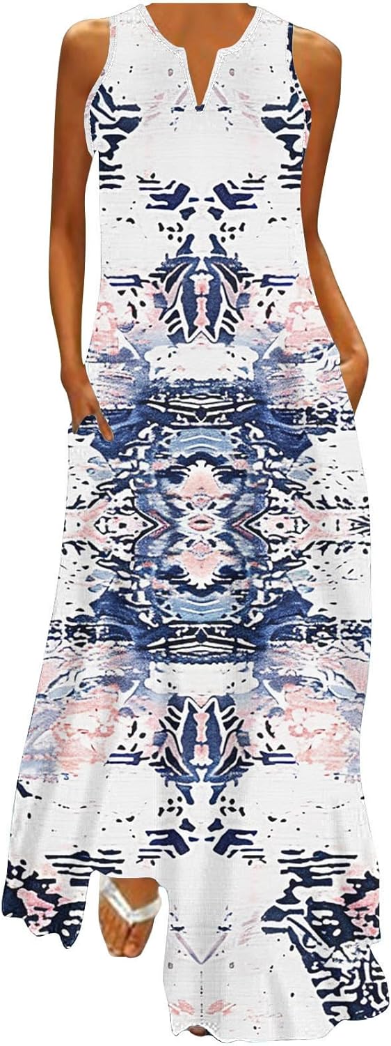 Women's Casual Loose Maxi Sundress Summer Sleeveless V Neck Long Dress Vintage Floral Beach Dress with Pockets