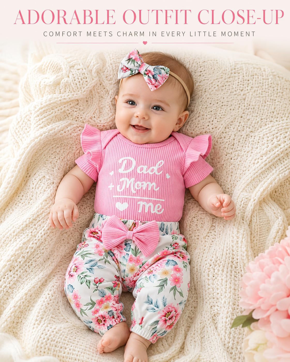 ChuYuKu Newborn Girl Coming Home Outfit 5Pcs, Baby Hospital Outfit Set, Romper Flower Pants Headband for Spring Summer