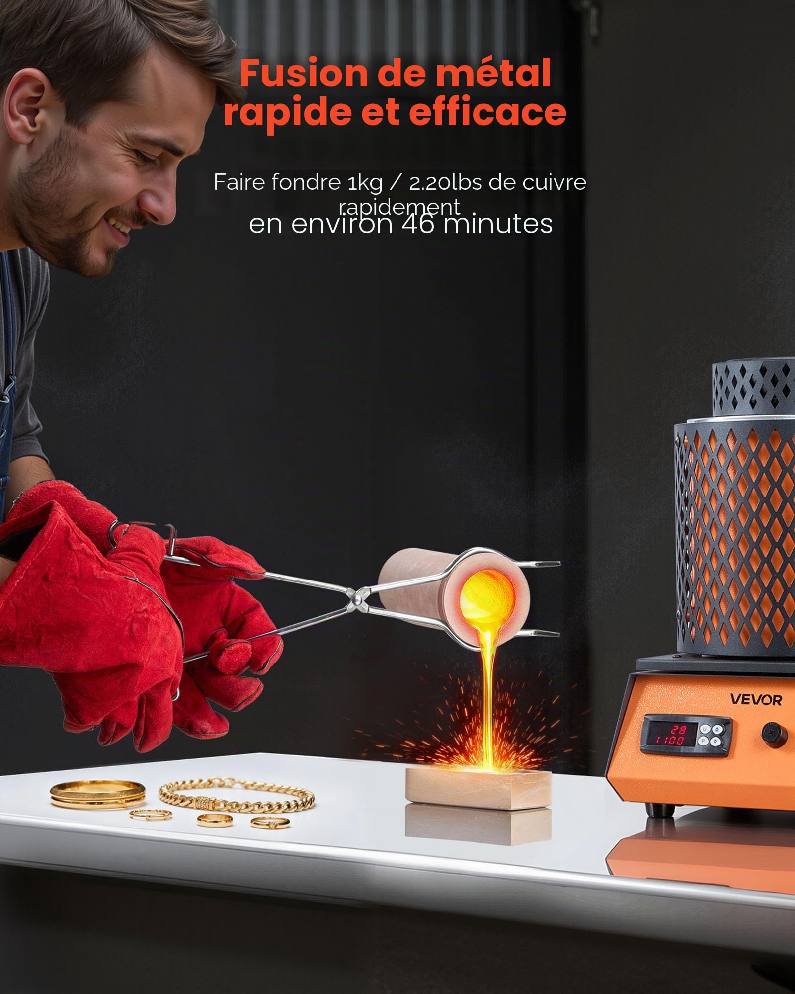 VEVOR Four de Fusion Électrique 1350 W, Kit de Fusion d'Or avec Température Maximale 1150 ℃, avec Creuset en Céramique de 3 kg, pour Fabrication de Bijoux, Coulée et l'Affinage des Métaux, Atelier