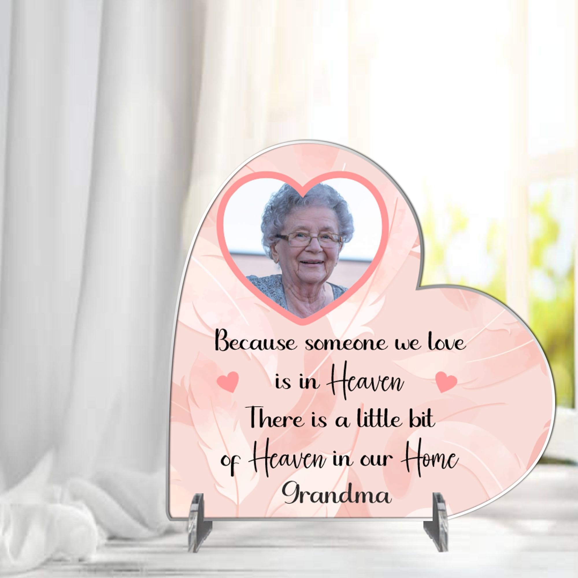 Personalised Bereavement Photo Plaque, Custom Memorial, Available in MDF or Acrylic, Heartfelt Heaven Quote, (Acrylic 18.5cm x 19cm, Pink Feather)