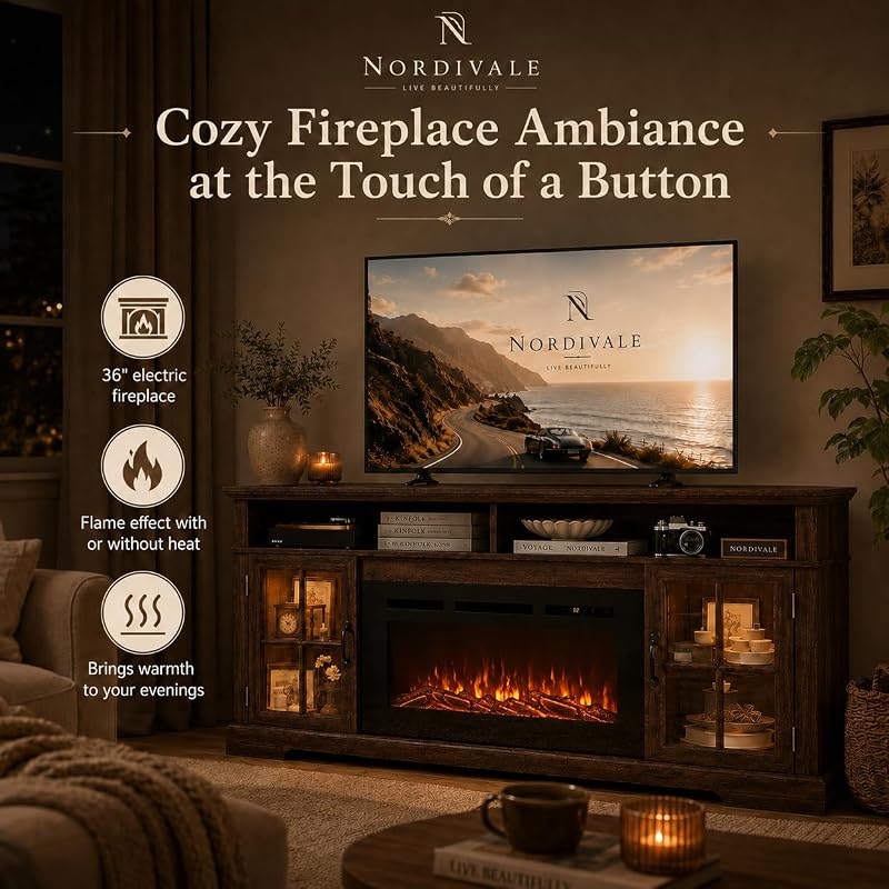 70" Fireplace TV Stand, Modern Entertainment Center for TVs Up to 80”, TV Console with Storage Cabinets, Media Console for Living Room, Brown TV Stand and Black Fireplace image 3