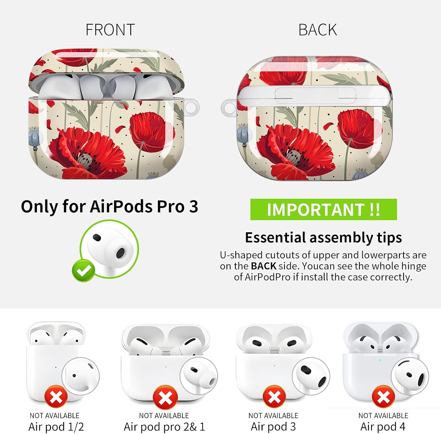Compatible with AirPod Pro 3 Case (2025), Cute Soft TPU Protective Shockproof AirPod Pro 3rd Generation Case Cover with Golden Keychain for Women Men Red Colorful Flowers image 4