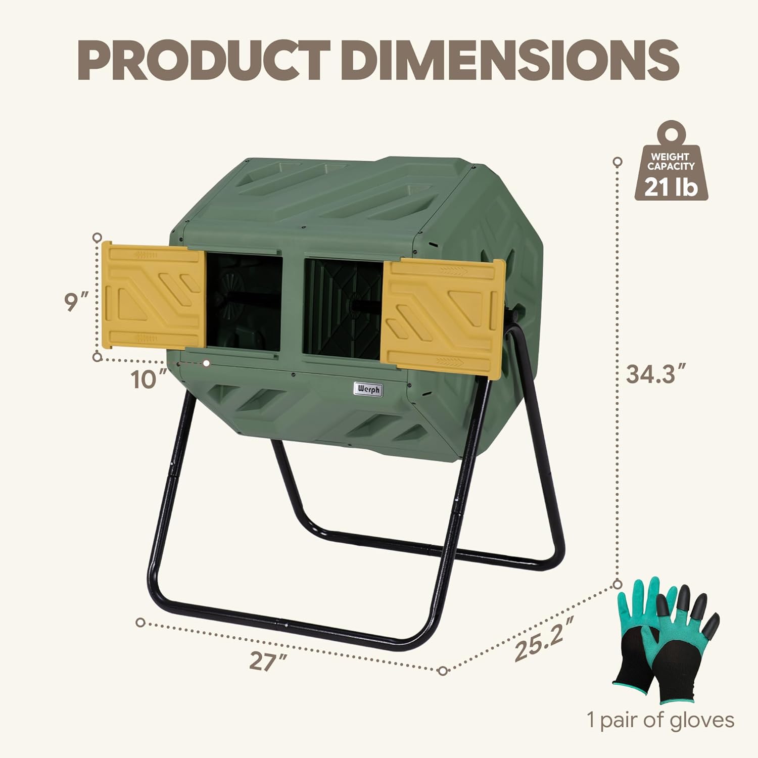 Werph Updated 43 Gallon Dual-Chamber Compost Bin, Fast Assembly Outdoor Compost Tumbler, Rotating Batch Composter Bin with Gloves for Garden, Kitchen, and Yard