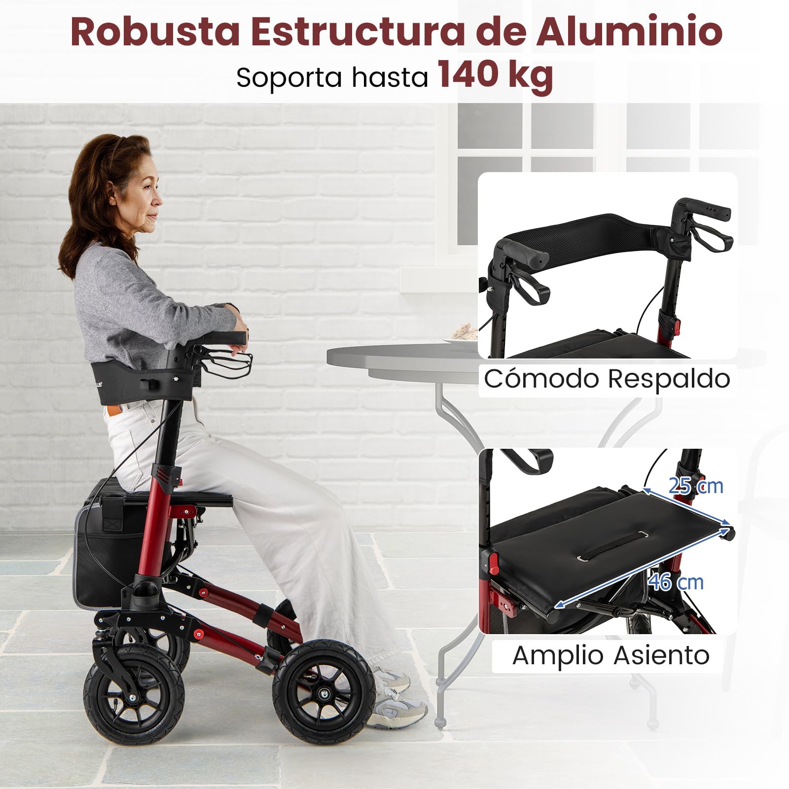 GOPLUS Andador para Ancianos de 4 Ruedas, Andadores Ancianos con Freno, Altura Ajustable, Respaldo Ergonómico, Ayuda para Caminar, Almacenaje para Personas Mayores, Carga de 140 kg (Rojo)