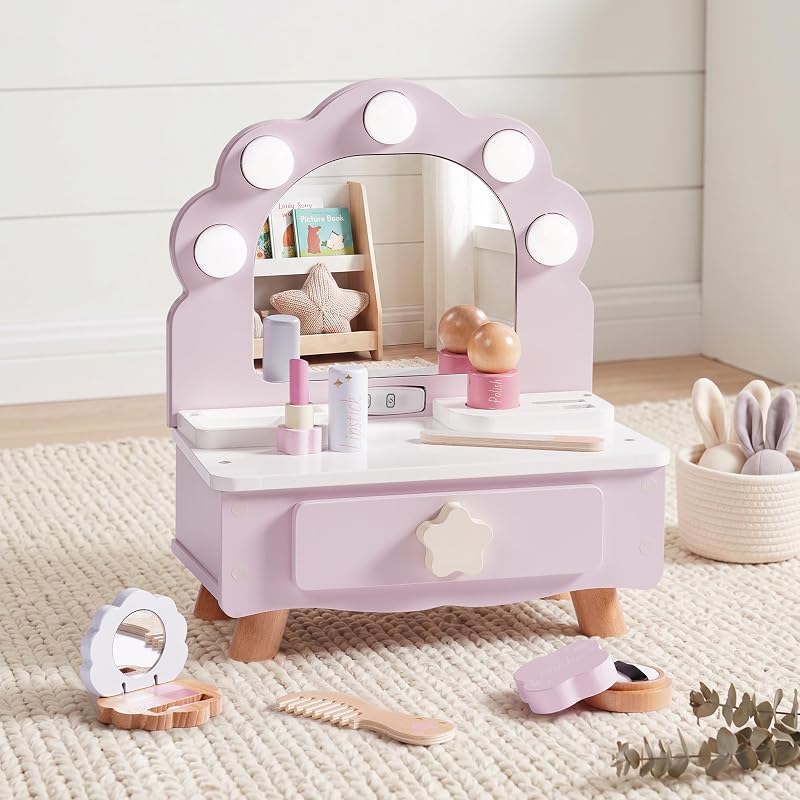 ROBOTIME Toddler Vanity Makeup Table Toy with Mirror & Light, Purple