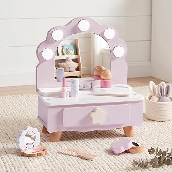 ROBOTIME Toddler Vanity Makeup Table Toy with Mirror & Light, Purple